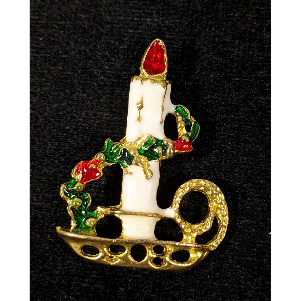 Vintage Christmas Candle Stick Gold Tone White Red Enamel Pin Brooch‎
